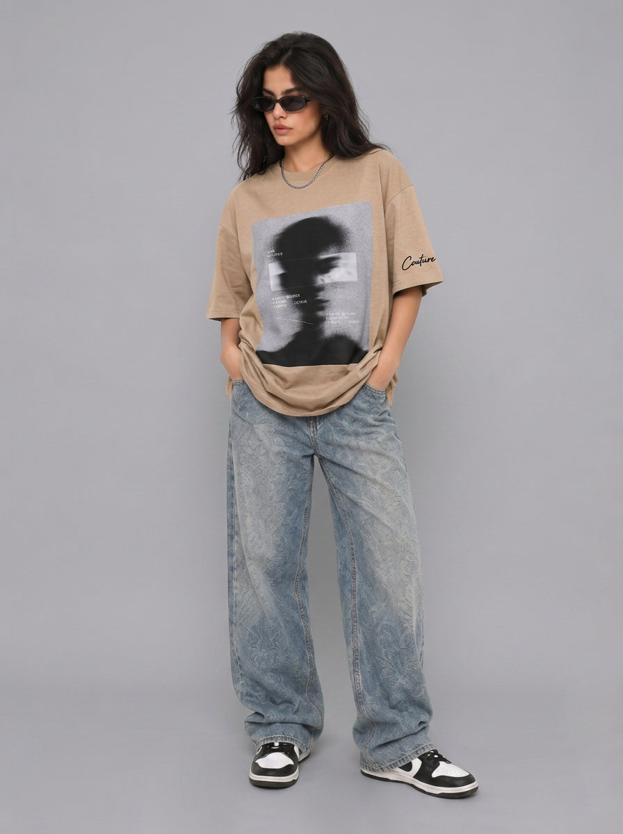 Cool Bee Blurred Vision Tee Beige for Women - Oversized Graphic Tee Streetwear India - Lifestyle View
