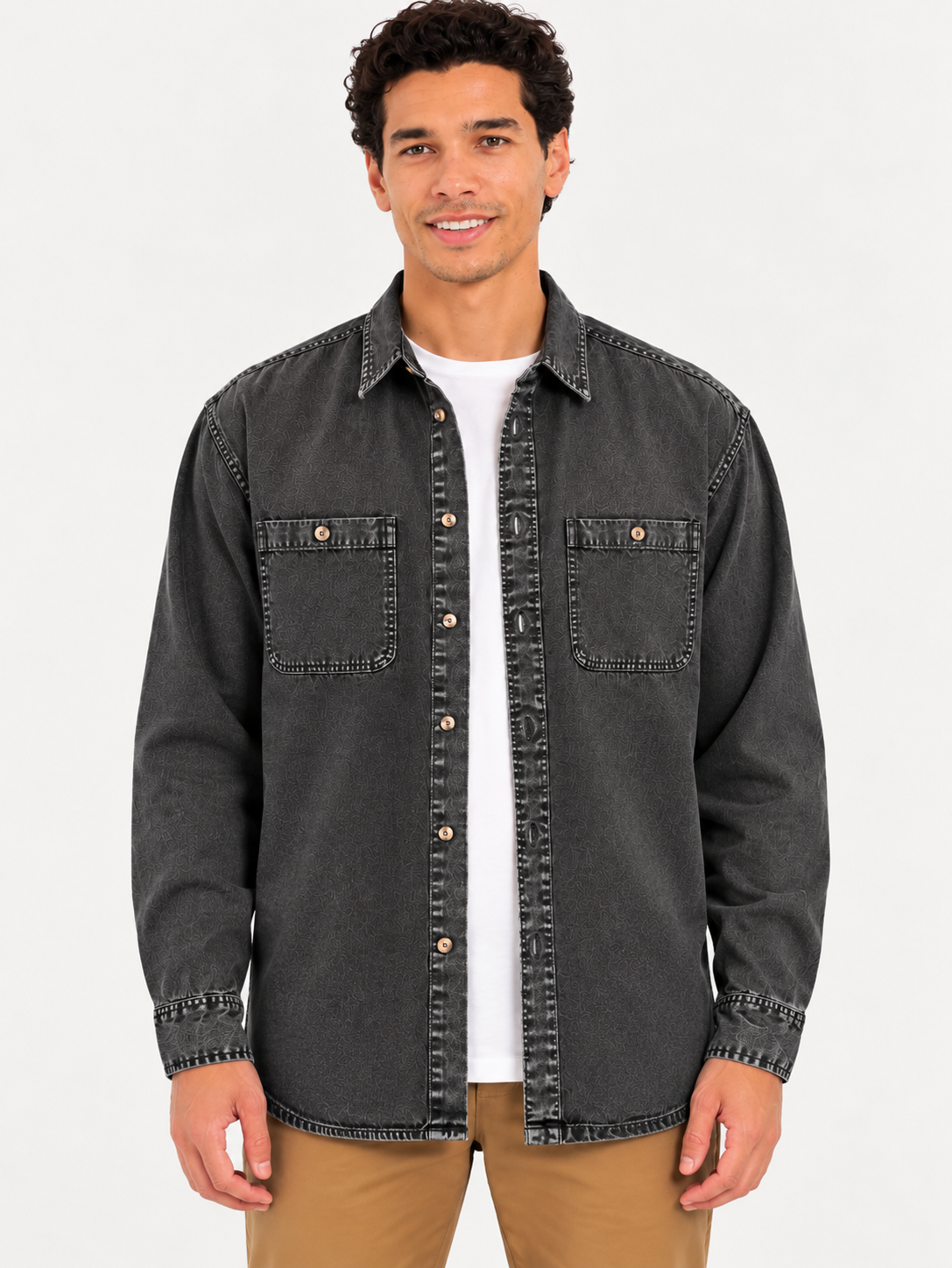 Cool Bee Urban Charcoal Denim Overshirt – front view, charcoal shirt worn open over white tee with khaki chinos