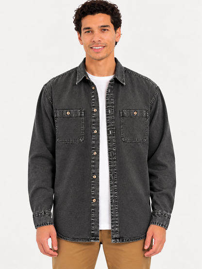 Cool Bee Urban Charcoal Denim Overshirt – front view, charcoal shirt worn open over white tee with khaki chinos