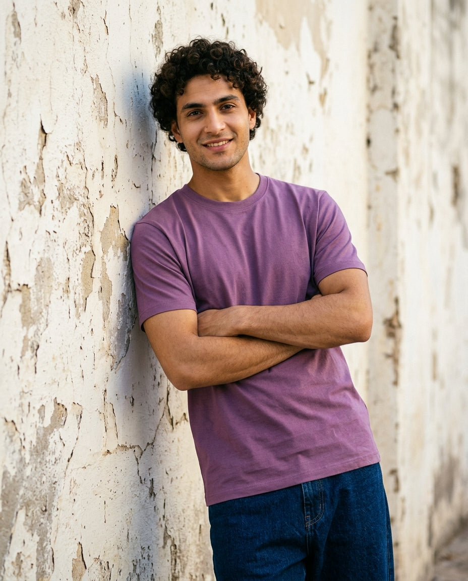 Cool Bee Essential Cotton Crew Neck T-Shirt Purple for Men - Purple Graphic Tee India - Lifestyle View