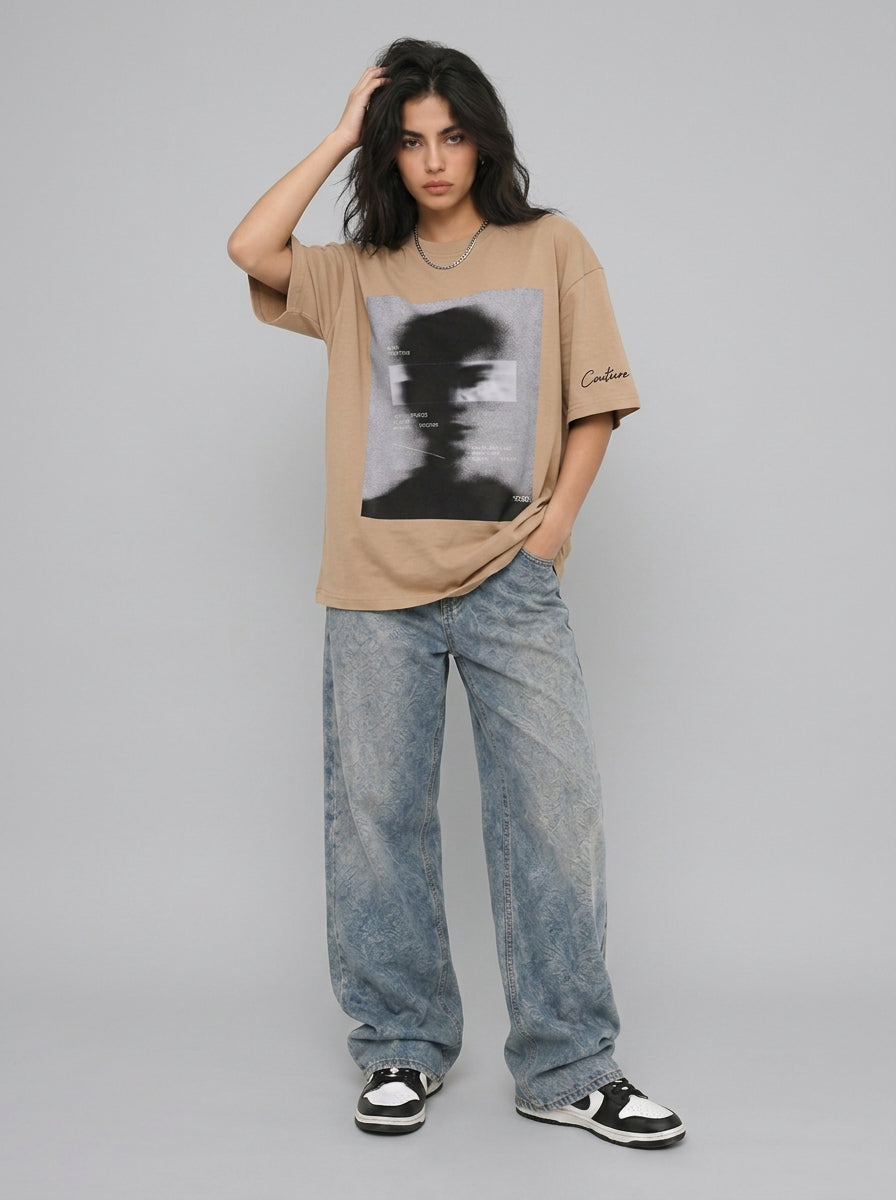 Cool Bee Blurred Vision Tee Beige for Women - Oversized Graphic Tee Streetwear India - Lifestyle View