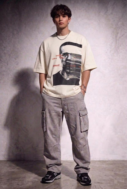 Cool Bee Glitch Portrait Tee Off White for Men - Off White Oversized Graphic Tee Streetwear India - Detail View
