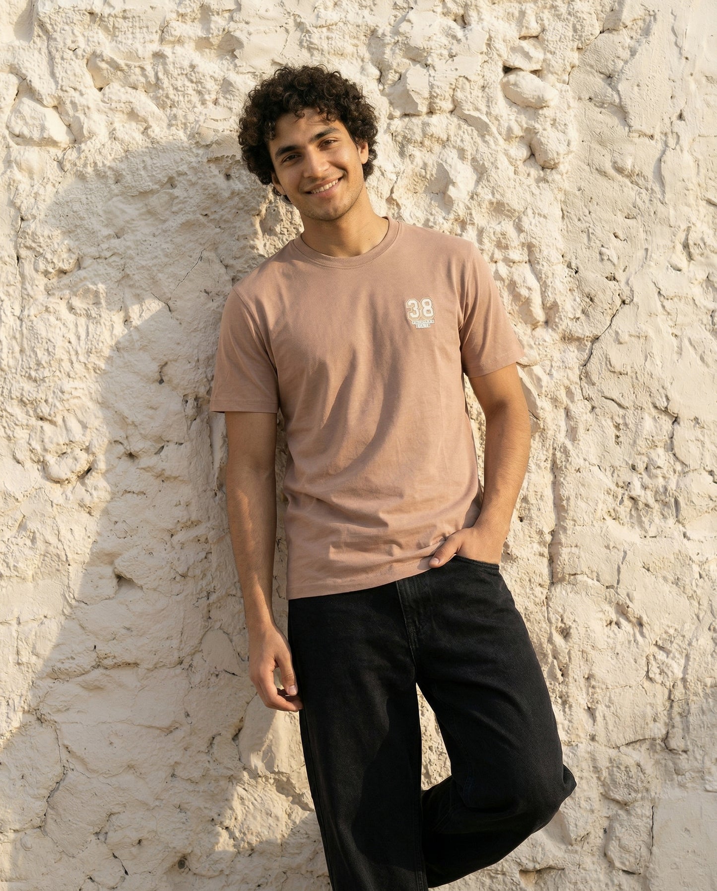 Cool Bee Essential Cotton Crew Neck T-Shirt Beige for Men - Beige Graphic Tee India - Lifestyle View