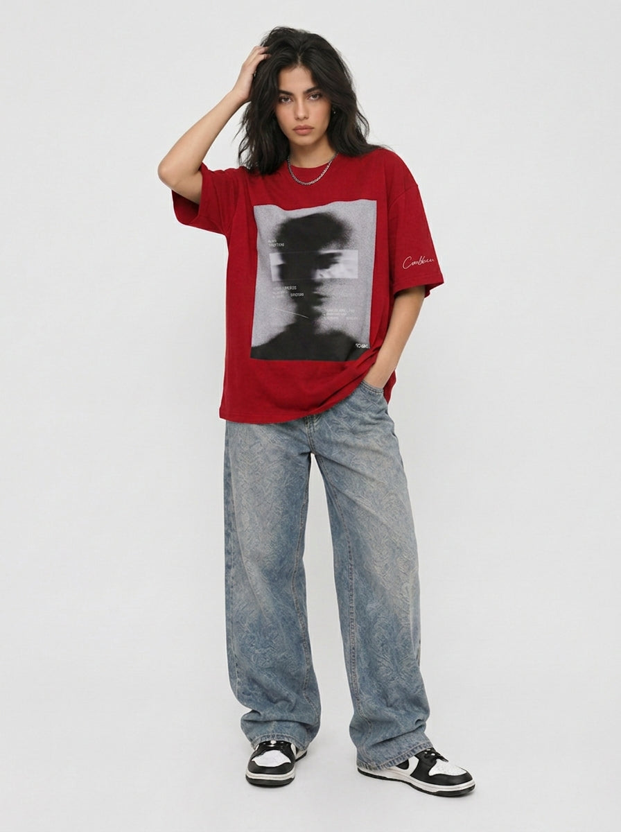 Cool Bee Blurred Vision Tee Red for Women - Oversized Graphic Tee Streetwear India - Lifestyle View