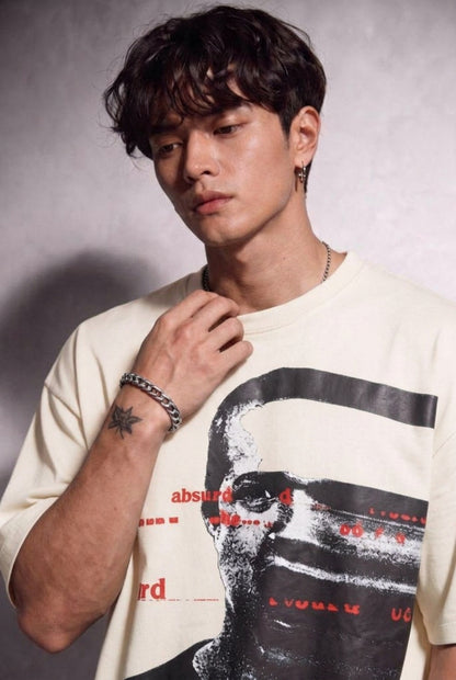 Cool Bee Glitch Portrait Tee Off White for Men - Off White Oversized Graphic Tee Streetwear India - Lifestyle View