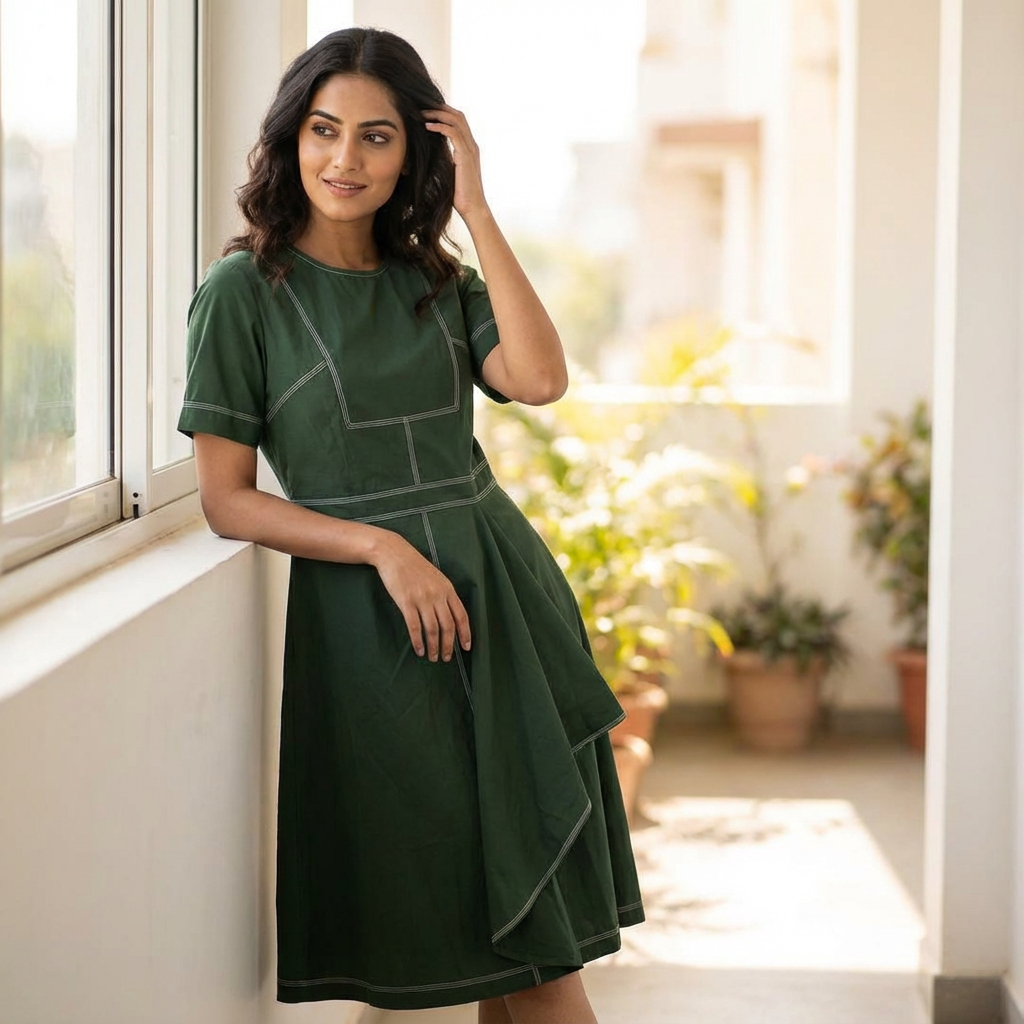 Sculptural Contrast Midi Dress – Olive Green | Cool Bee