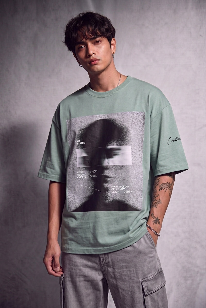 Cool Bee Blurred Vision Tee Off Green for Men - Off Green Oversized Graphic Tee Streetwear India - Lifestyle View
