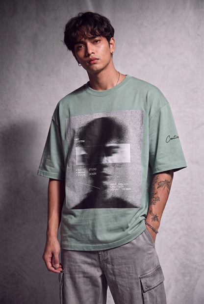 Cool Bee Blurred Vision Tee Off Green for Men - Off Green Oversized Graphic Tee Streetwear India - Lifestyle View