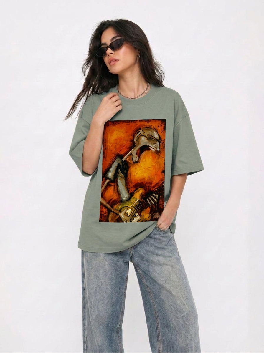 Cool Bee Canvas Chords Tee Green for Women - Oversized Graphic Tee Streetwear India - Detail View