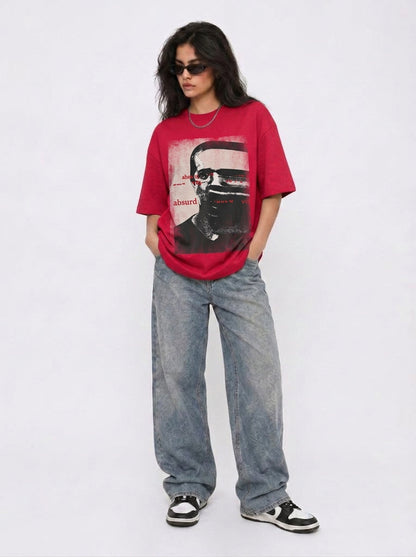 Cool Bee Glitch Portrait Tee Red for Women - Oversized Graphic Tee Streetwear India - Lifestyle View