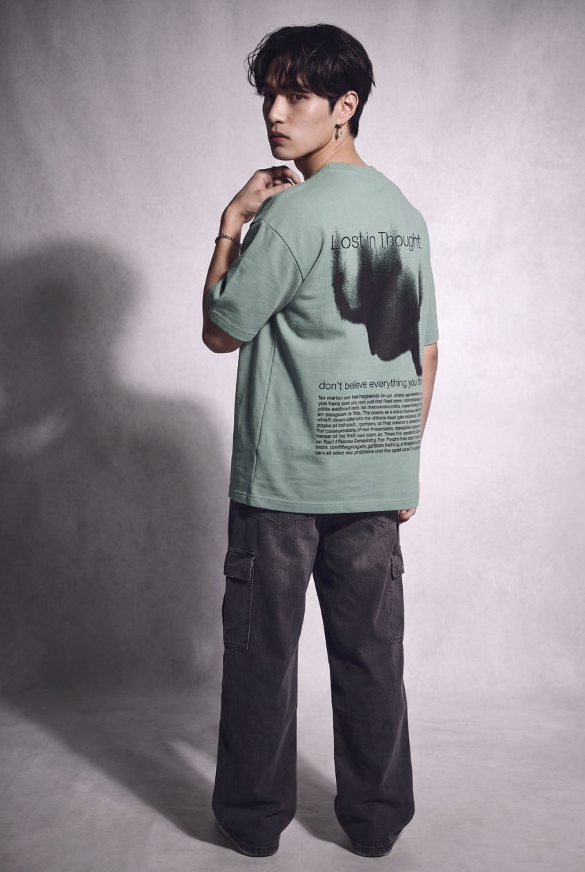 Cool Bee Lost in Thought Tee Green for Men - Green Oversized Graphic Tee Streetwear India - Detail View
