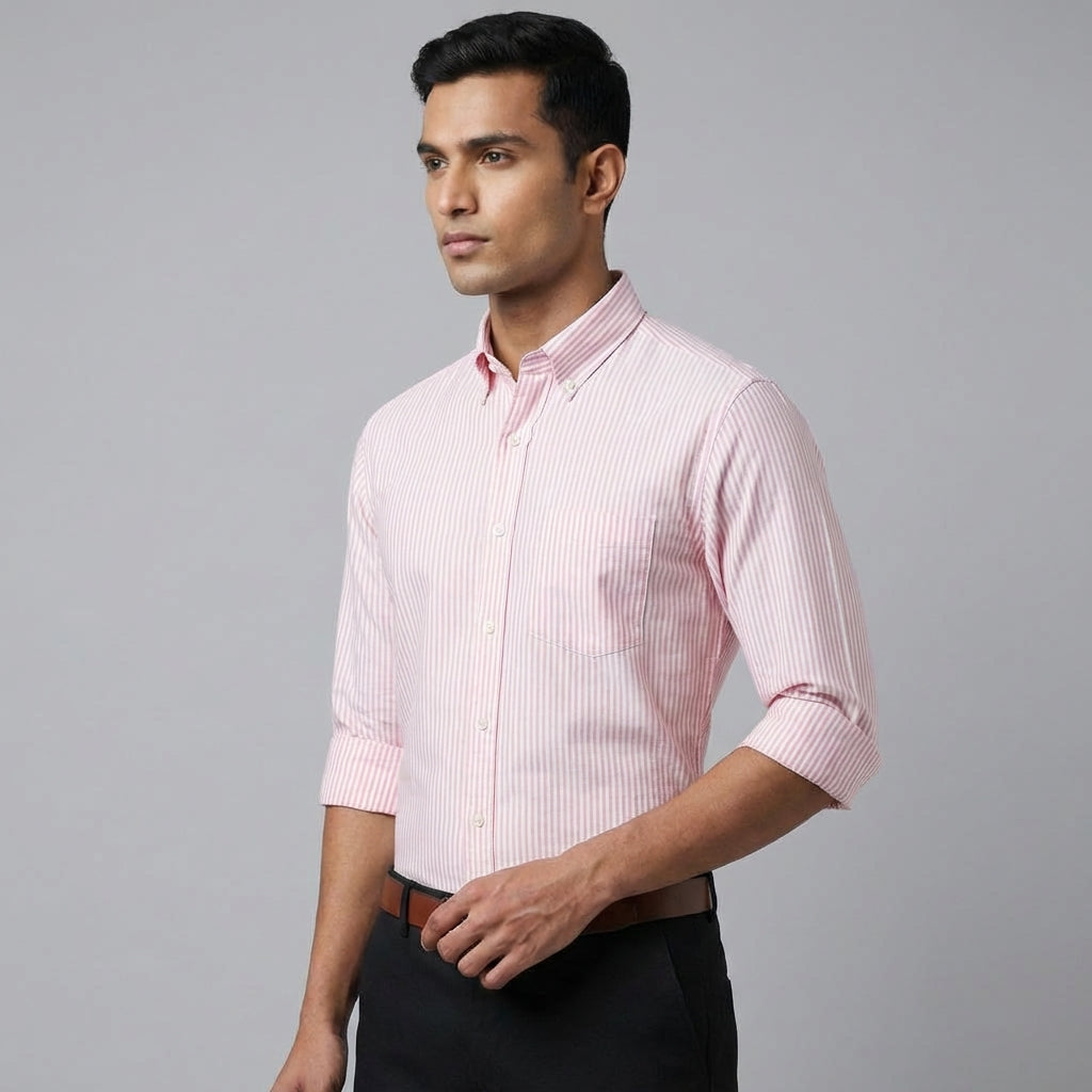 Super Premium Slim Fit Pink Striped Oxford Shirt