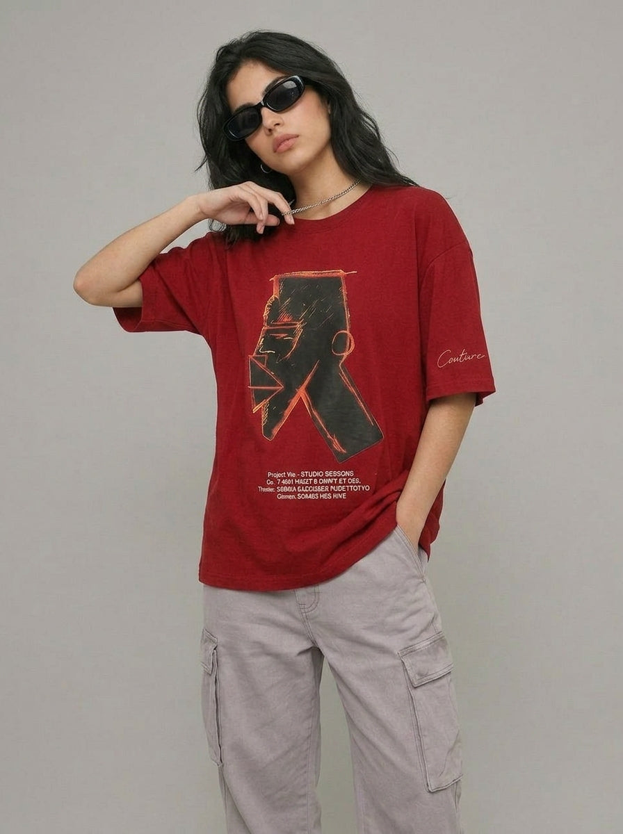 Cool Bee Urban Nomad Tee Red for Women - Red Oversized Graphic Tee Streetwear India
