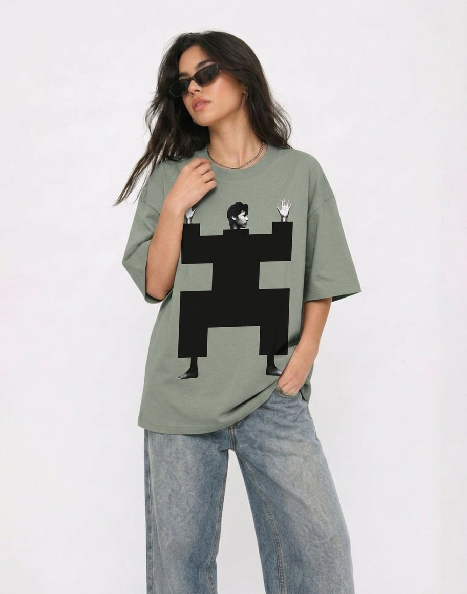 Cool Bee Structural Persona Tee Green for Women - Oversized Graphic Tee Streetwear India - Lifestyle View