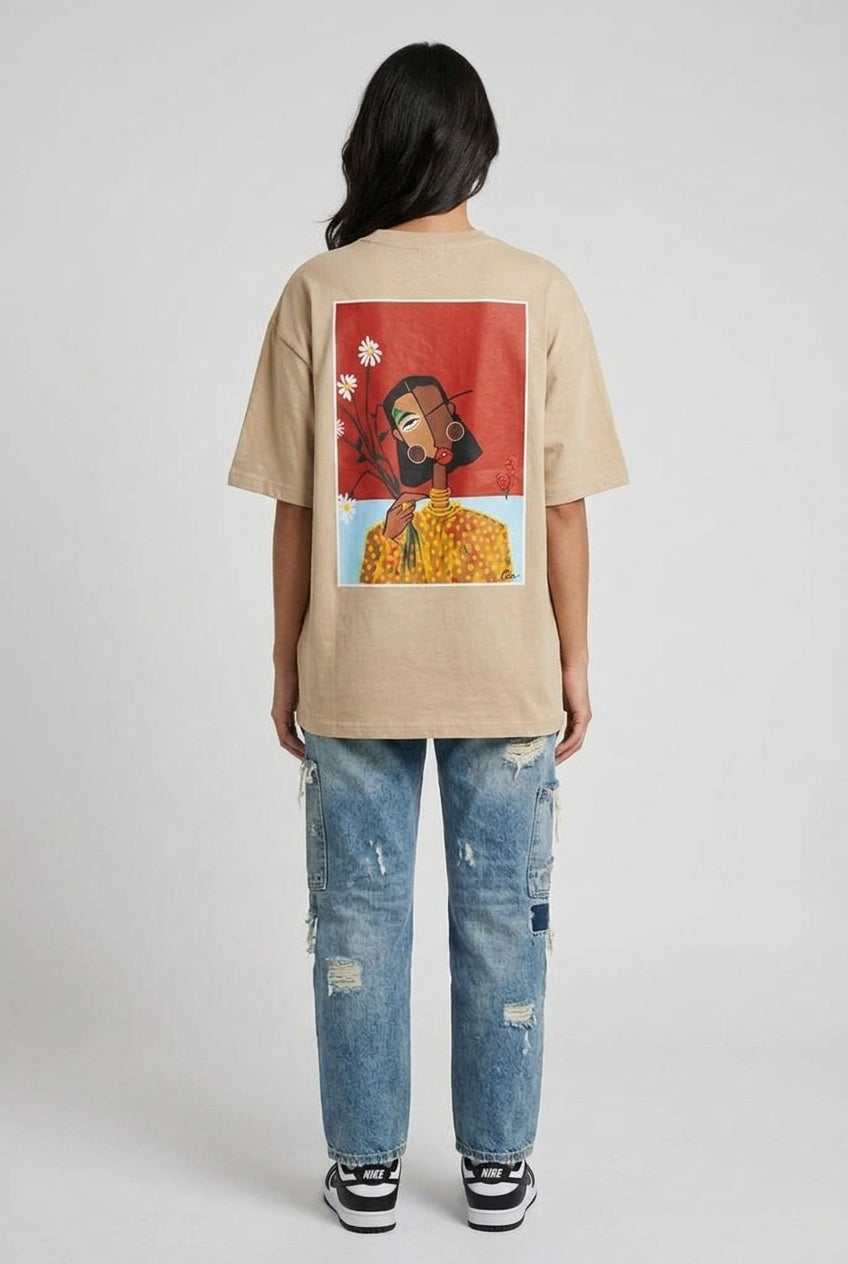 Cool Bee Cubist Bloom Oversize Tee Beige for Women - Oversized Graphic Tee Streetwear India - Detail View