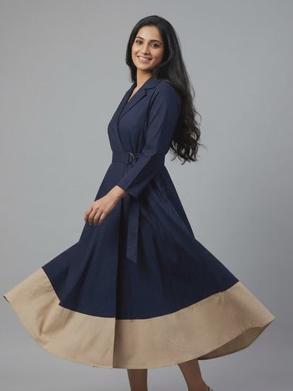 Midnight Elegance Two-Tone Flare Wrap Dress | Cool Bee