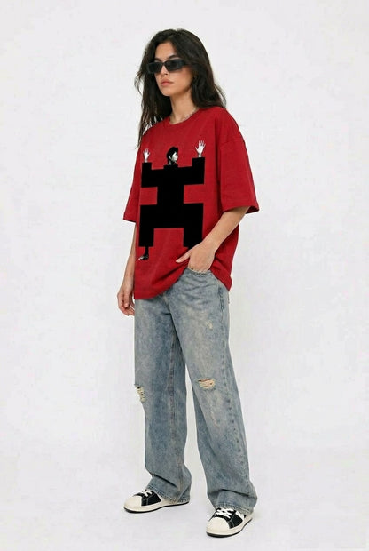 Cool Bee Structural Persona Tee Red for Women - Oversized Graphic Tee Streetwear India - Lifestyle View