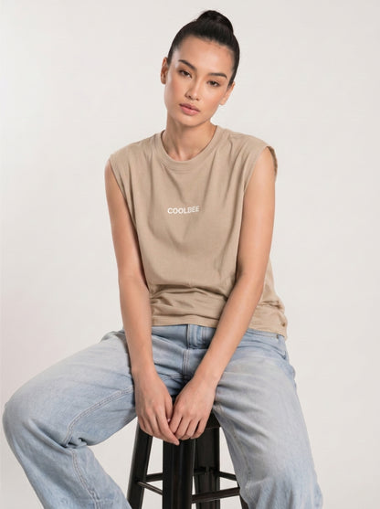 Cool Bee Women Tank Tees Beige for Women - Tank Top Gym Casual India - Detail View