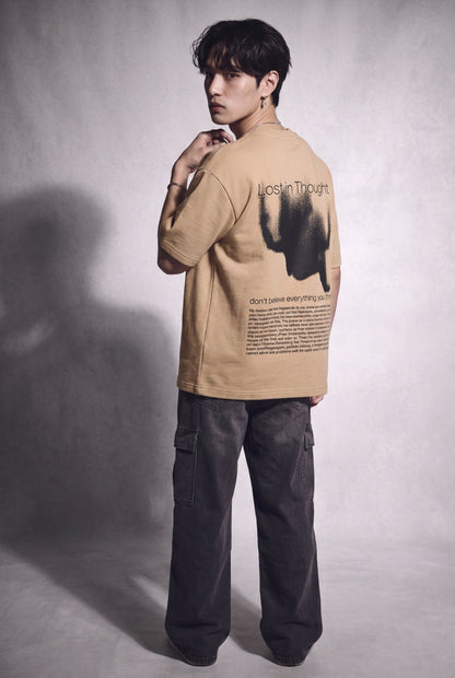 Cool Bee Lost in Thought Tee Beige for Men - Beige Oversized Graphic Tee Streetwear India - Lifestyle View