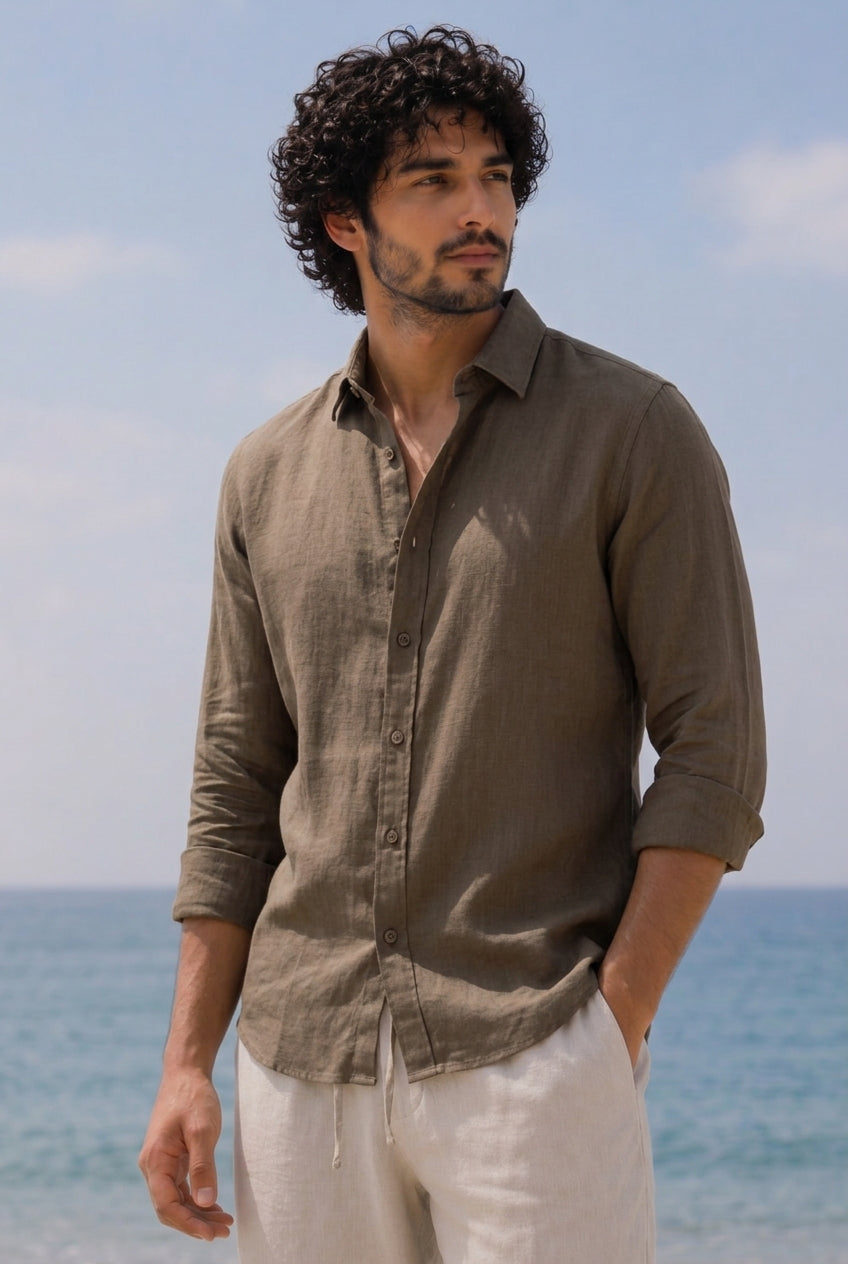 Cool Bee Linen Casual Shirt Dark Beige for Men - Dark Beige Linen Casual Shirt Breathable India - Lifestyle View