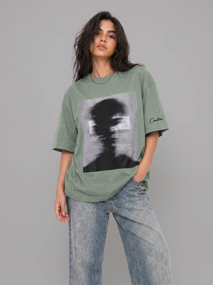Cool Bee Blurred Vision Tee Green for Women - Oversized Graphic Tee Streetwear India - Lifestyle View