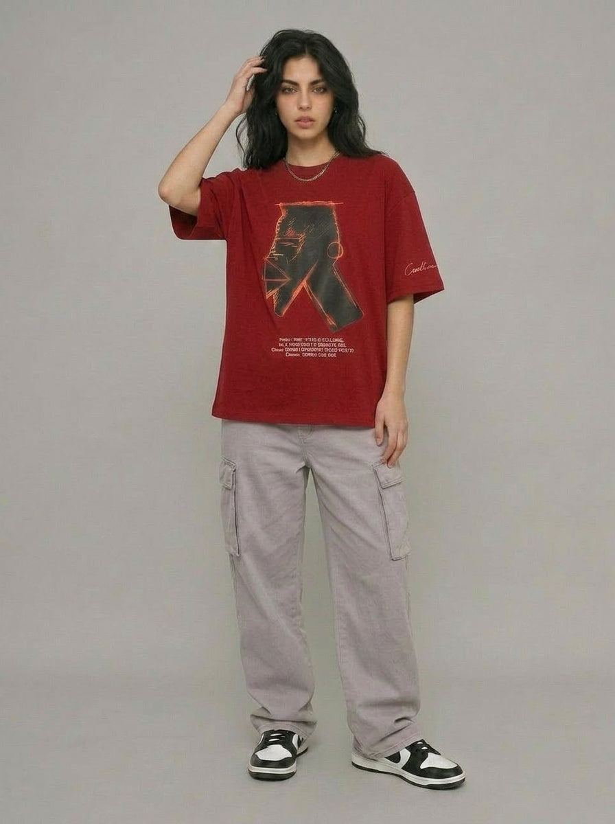 Cool Bee Urban Nomad Tee Red for Women - Oversized Graphic Tee Streetwear India - Lifestyle View