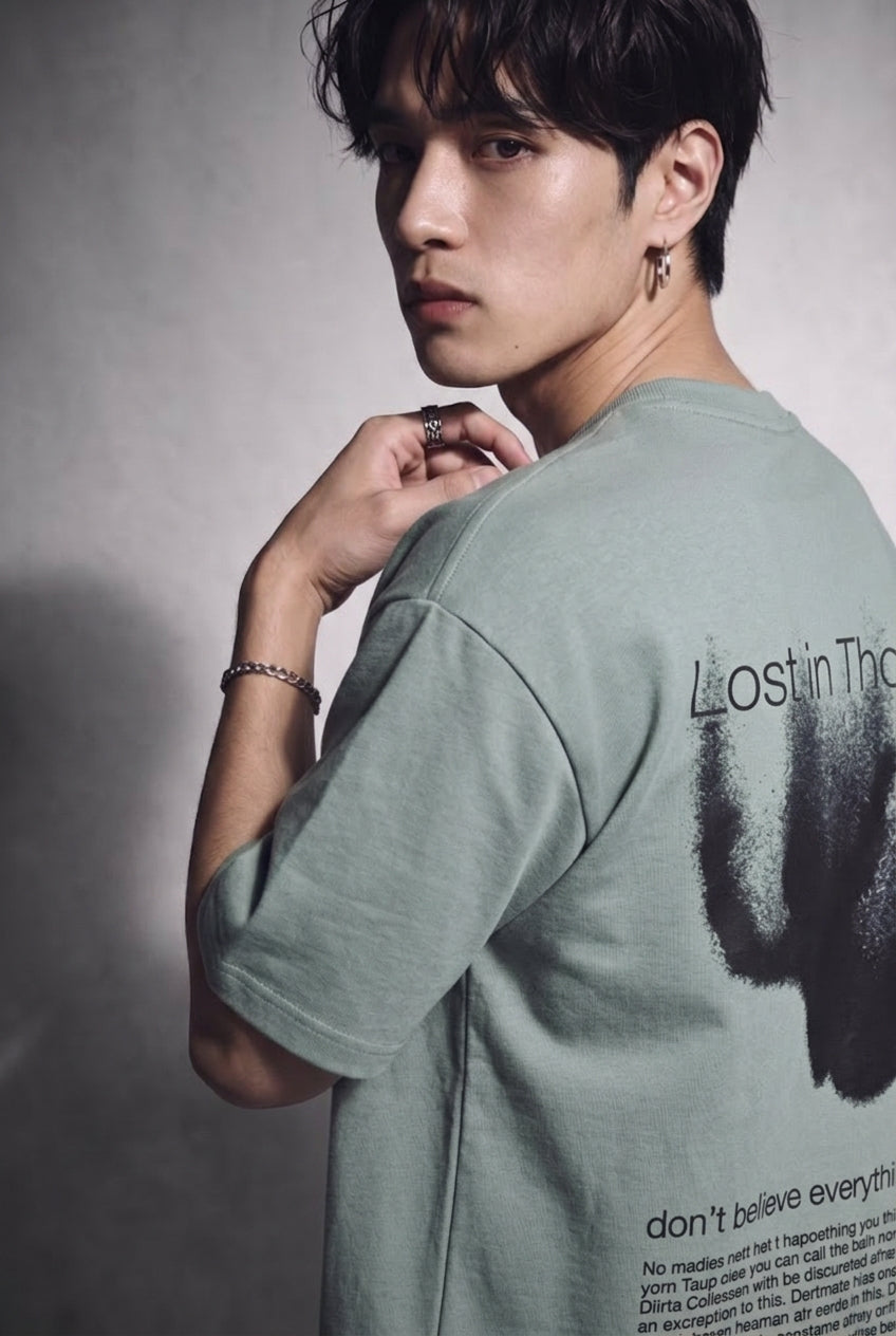 Cool Bee Lost in Thought Tee Green for Men - Green Oversized Graphic Tee Streetwear India - Lifestyle View