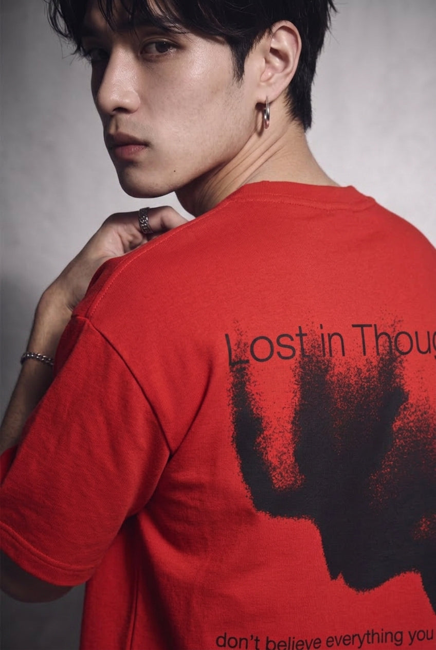 Cool Bee Lost in Thought Tee Red for Men - Red Oversized Graphic Tee Streetwear India - Lifestyle View