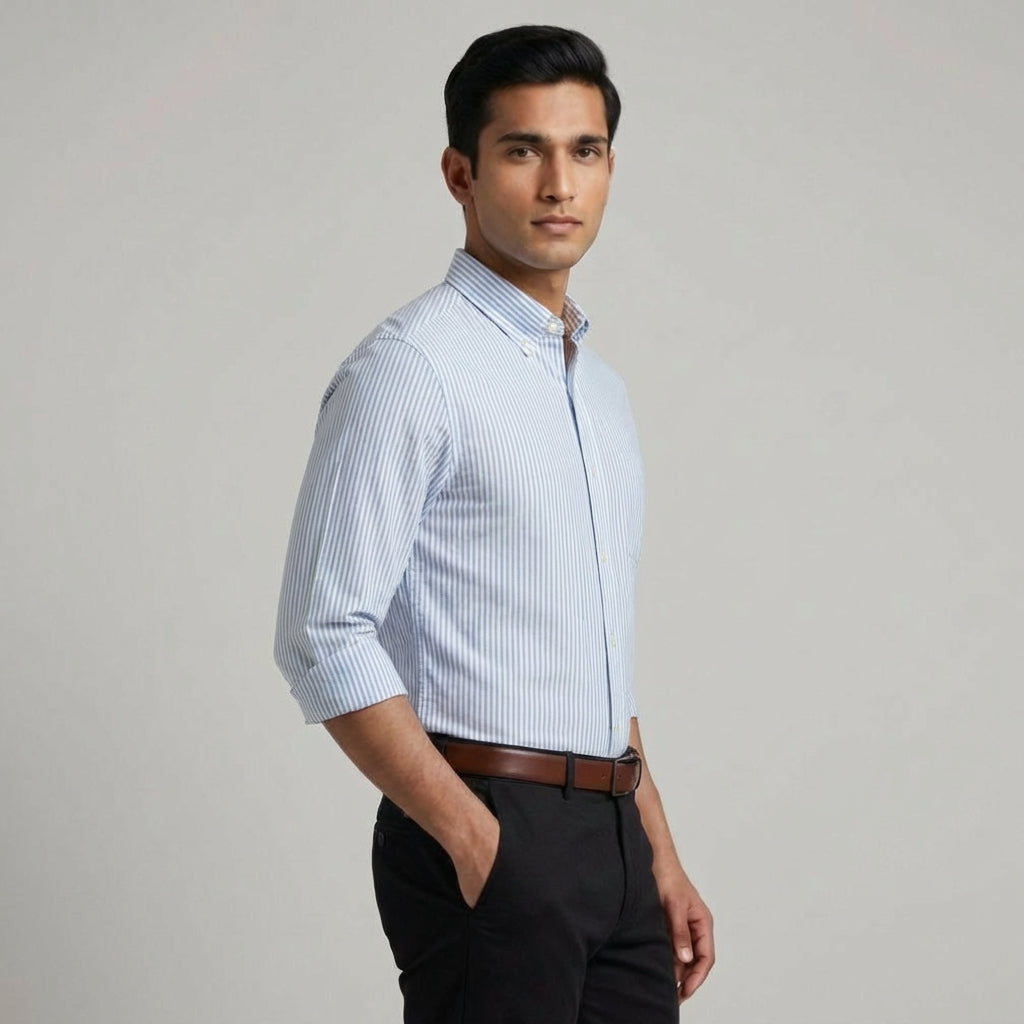 Cool Bee Super Premium Slim Fit Blue Striped Oxford Shirt for Men - Striped Premium Oxford Shirt India - Lifestyle View