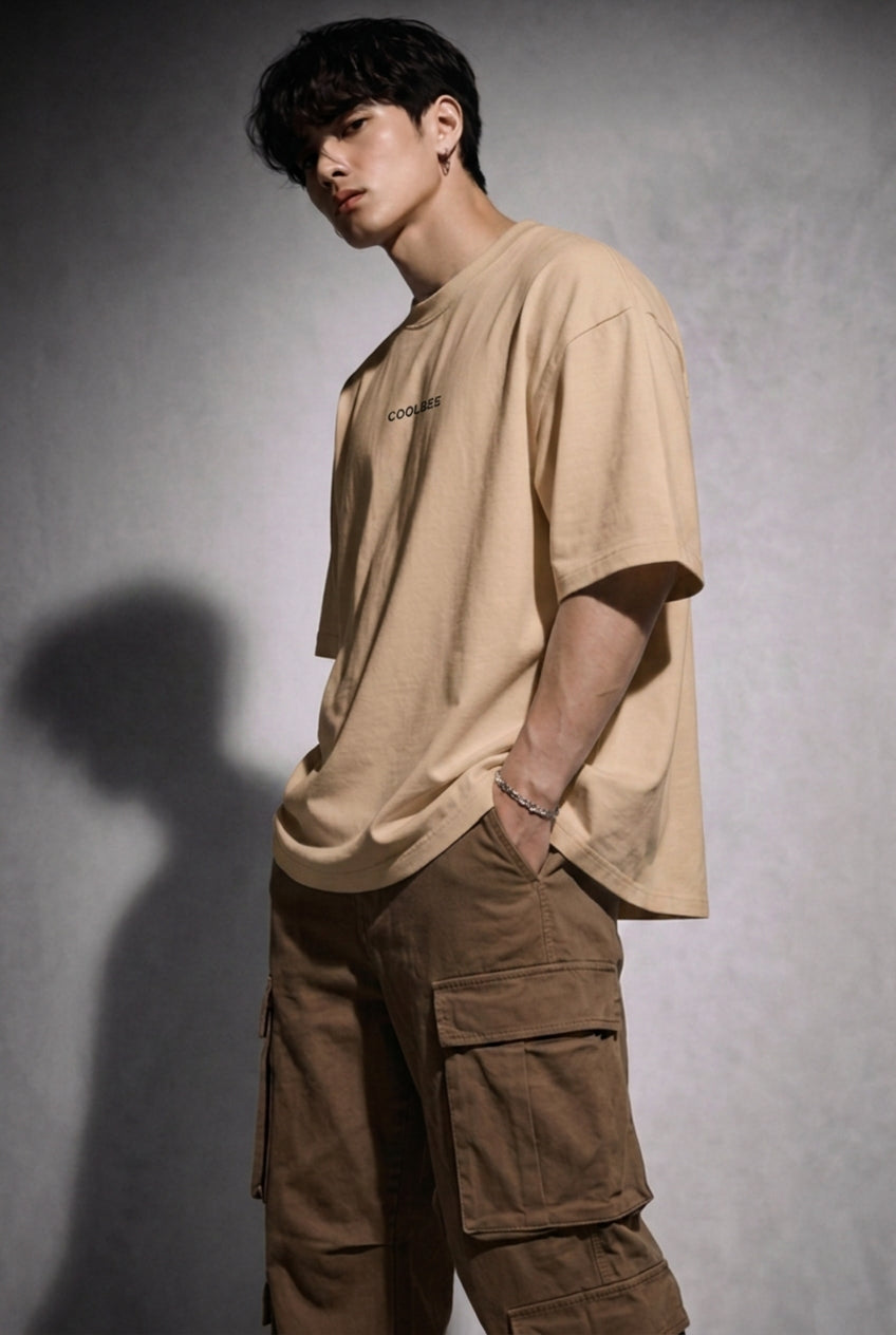 Cool Bee Matchday Abstract Tee Beige for Men - Beige Oversized Graphic Tee Streetwear India - Lifestyle View
