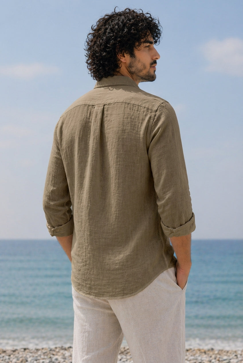 Cool Bee Linen Casual Shirt Dark Beige for Men - Dark Beige Linen Casual Shirt Breathable India - Back View