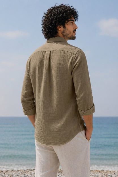 Cool Bee Linen Casual Shirt Dark Beige for Men - Dark Beige Linen Casual Shirt Breathable India - Back View