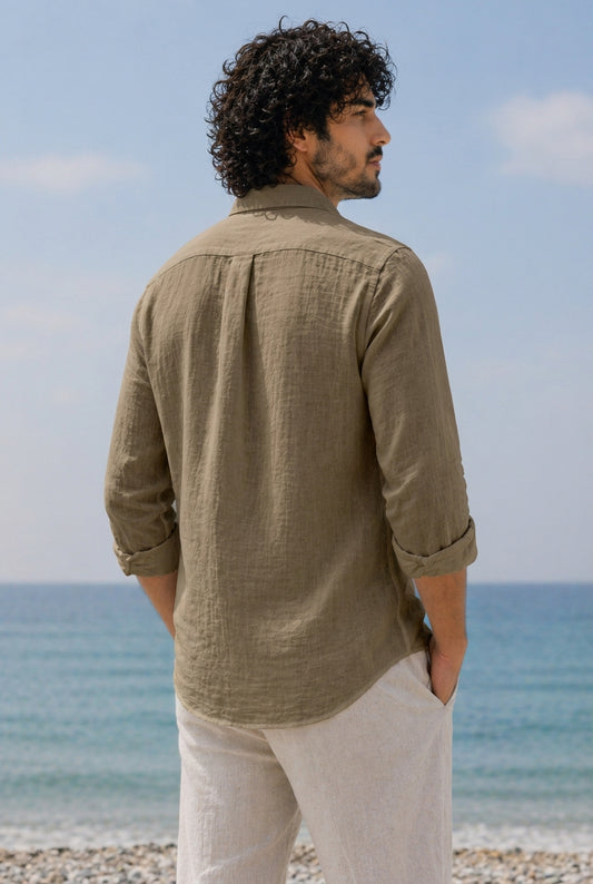 Cool Bee Linen Casual Shirt Dark Beige for Men - Dark Beige Linen Casual Shirt Breathable India - Back View