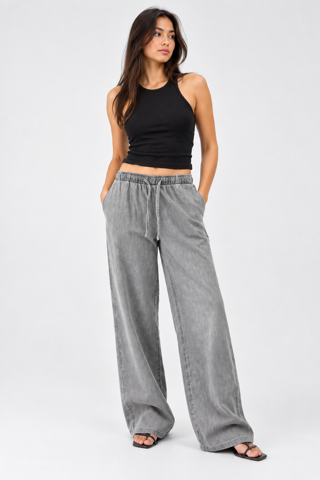 Cool Bee Cotton Denim Wide Leg Joggers in Grey - full-length front view on model