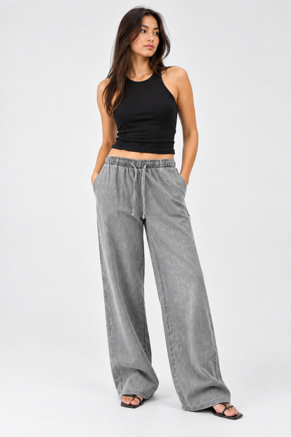 Cool Bee Cotton Denim Wide Leg Joggers in Grey - full-length front view on model