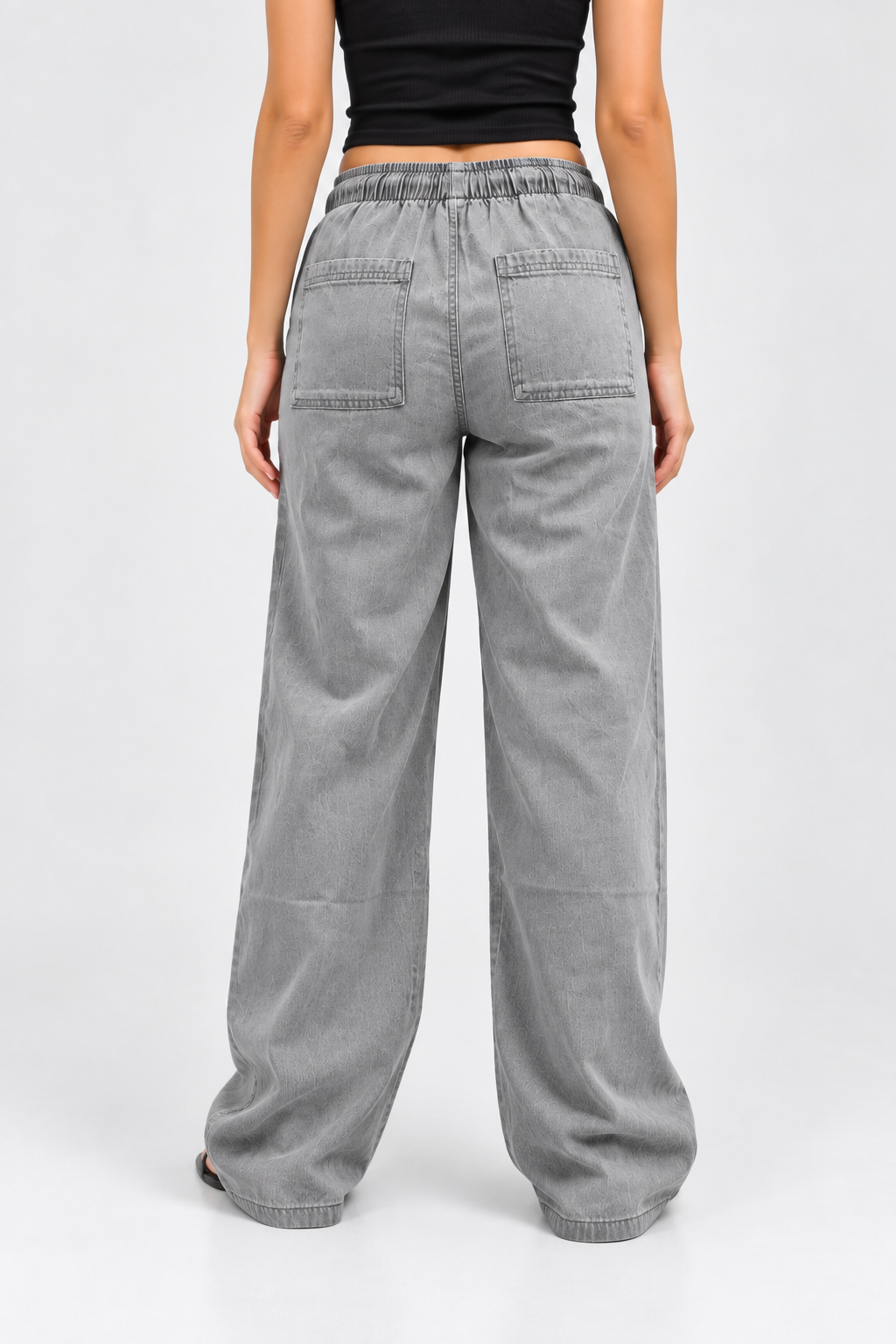 Cool Bee Cotton Denim Wide Leg Joggers in Grey - back view showing patch pockets