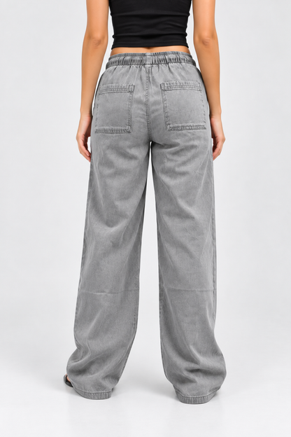 Cool Bee Cotton Denim Wide Leg Joggers in Grey - back view showing patch pockets