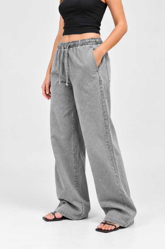 Cool Bee Cotton Denim Wide Leg Joggers in Grey - side view with hand in pocket