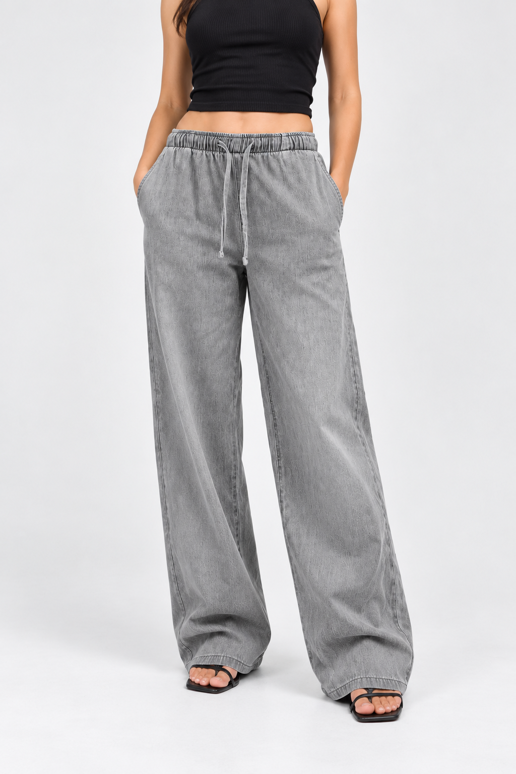 Cool Bee Cotton Denim Wide Leg Joggers in Grey - front view with both hands in pockets