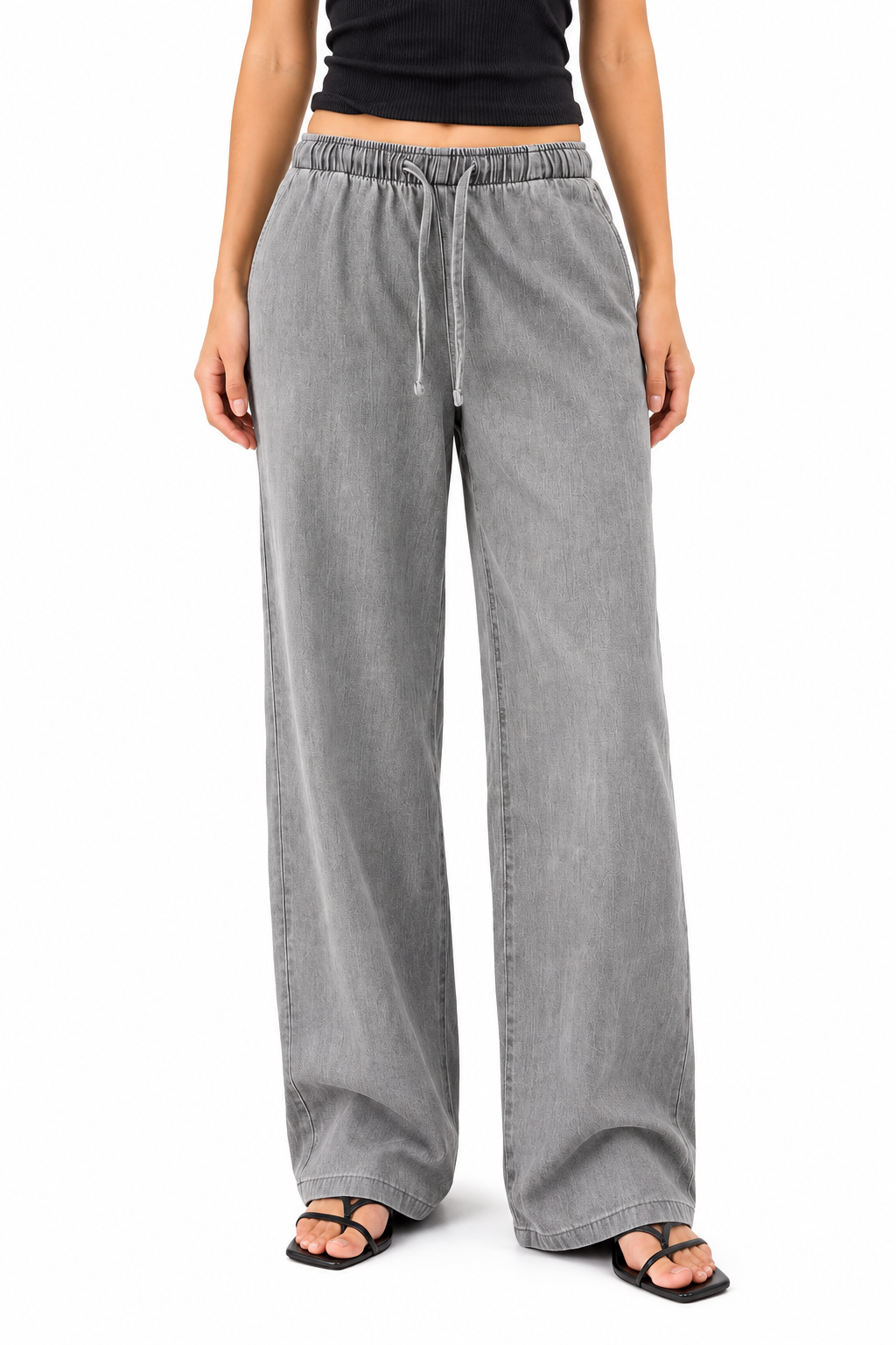 Cool Bee Cotton Denim Wide Leg Joggers in Grey - close-up front view of elastic drawstring waist