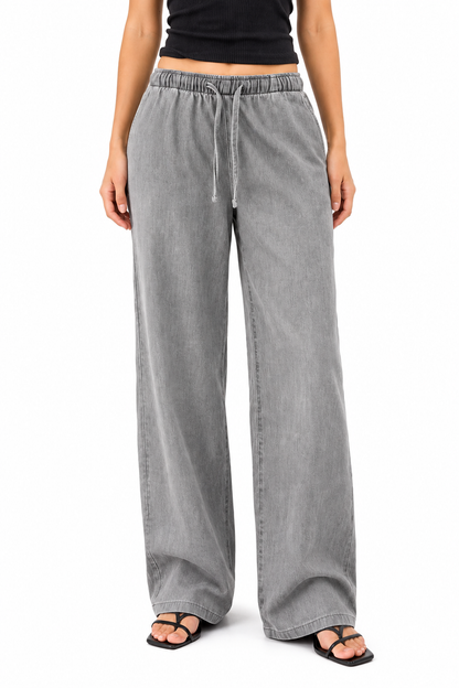 Cool Bee Cotton Denim Wide Leg Joggers in Grey - close-up front view of elastic drawstring waist