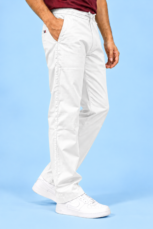 Cool Bee Linen Travel Pants White – side view mid-stride, white linen travel pants