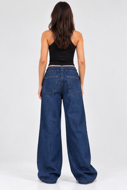 Cool Bee Cotton Denim Wide Leg Joggers in Navy - back view showing patch pockets