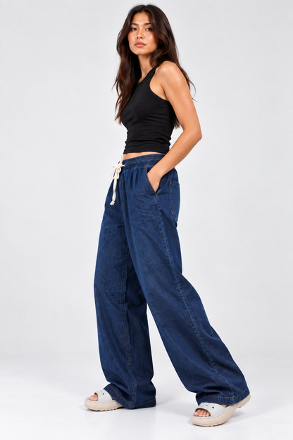 Cool Bee Cotton Denim Wide Leg Joggers in Navy - side view, full length