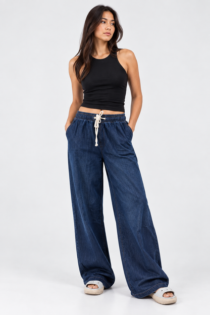 Cool Bee Cotton Denim Wide Leg Joggers in Navy - full-length front view on model