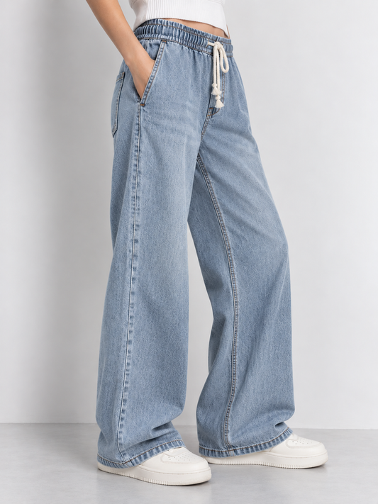 Cool Bee Cotton Denim Wide Leg Joggers in Blue - close-up side view of drawstring waist