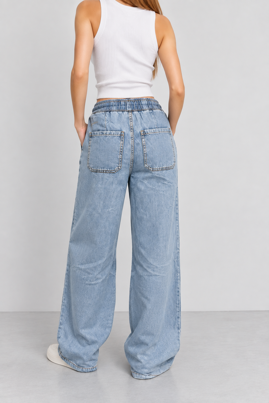 Cool Bee Cotton Denim Wide Leg Joggers in Blue - back view showing patch pockets