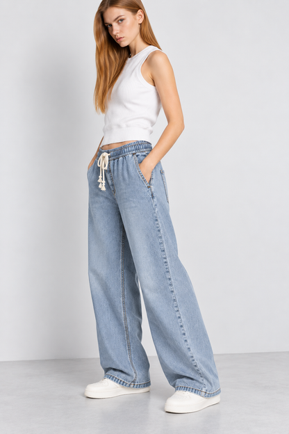 Cool Bee Cotton Denim Wide Leg Joggers in Blue - full-length front view on model