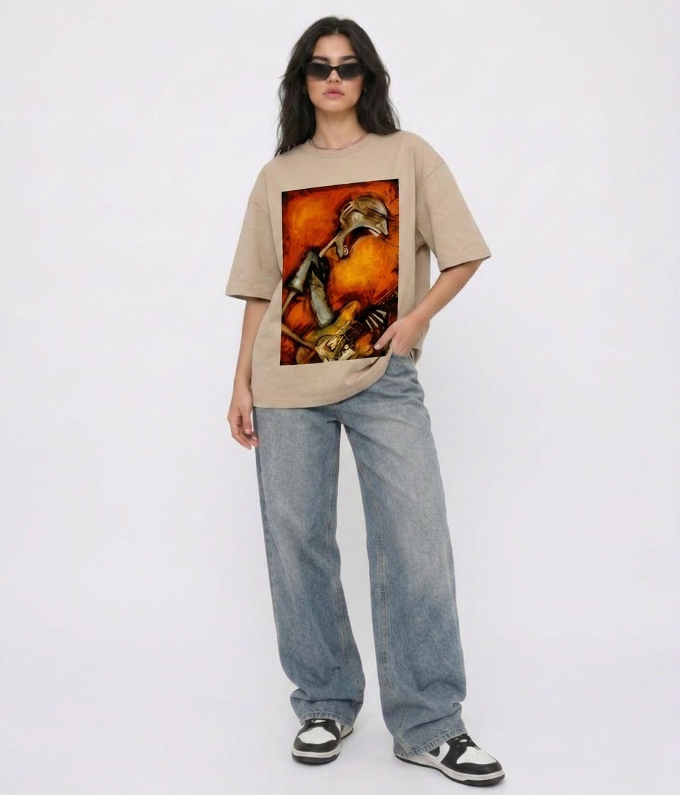 Cool Bee Canvas Chords Tee Beige for Women - Oversized Graphic Tee Streetwear India - Lifestyle View