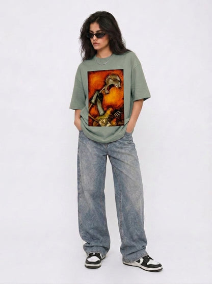 Cool Bee Canvas Chords Tee Green for Women - Oversized Graphic Tee Streetwear India - Lifestyle View